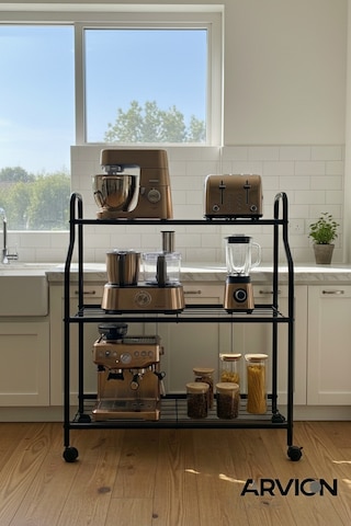 Modern Siyah 3 Katlı Metal Tekerlekli Mutfak Ve Dekoratif Saksılık Çiçeklik Dayanıklı Raflı Stand-organizer Siyah