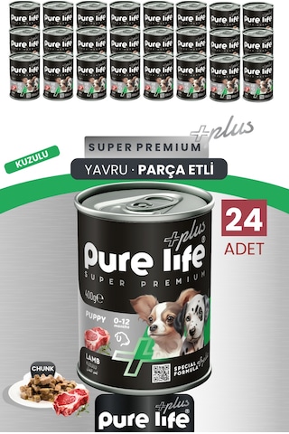 Purelife Plus 24'lü Kuzulu Yavru Puppy Köpek Konserve Chunk Parça Etli Yaş Mama 400 G