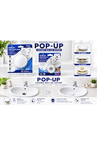 Seramik Görünümlü - Beyaz Pop-up Otomatik Lavabo Sifonu -üniversal Kullanıma Uygun