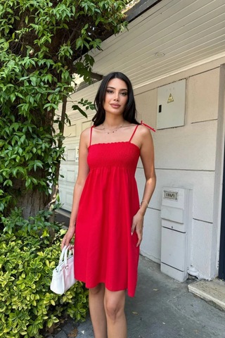 Kısa Pamuklu Yaz Elbisesi Askısı Bağlamalı Astarsız Kırmızı