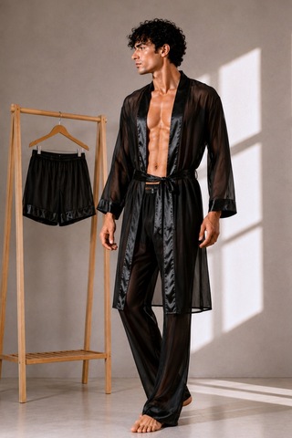 Qmen Style Erkek Şifon Kimono- Pijama - Şort Seti Siyah