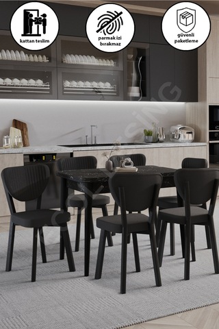 Faymend 6lı, Açılır, Döner, Mutfak Masası Takımı, Yemek Masası, Kapalı Ölçü: 75x80 Cm - Açık Ölçü: 80x150 Cm Siyahmermer
