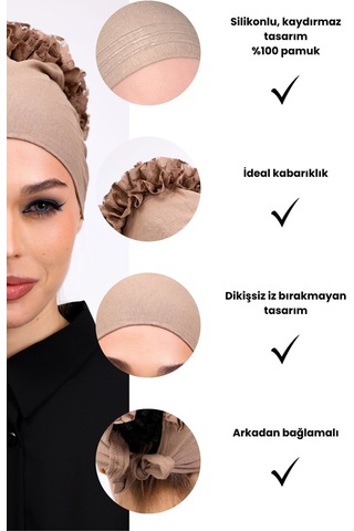 Kaymayan Fırfırlı Silikonlu Dikişsiz Bone - Kaymaz Kadın Tesettür Bağlamalı İç Bone-vizon Vizon