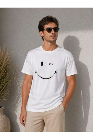 Vexor Erkek Minimal Gülümseyen Yüz Baskılı Tişört Kısa Kol Yazlık T-shirt - Beyaz Çok Renkli
