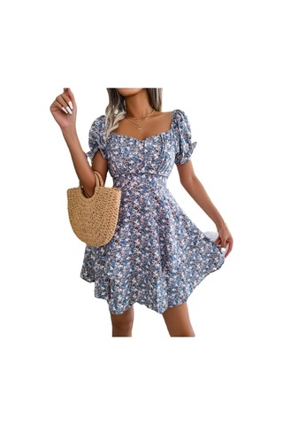 Gmxıa Yaz/ilkbahar Kadın Modası Dar Kesim Kare Yaka Kısa Kollu Elbise Mavi