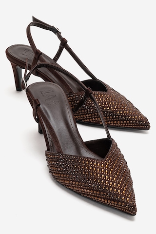 Luvishoes Elodıe Kahverengi Taşlı Kadın İnce Topuklu Abiye Ayakkabı