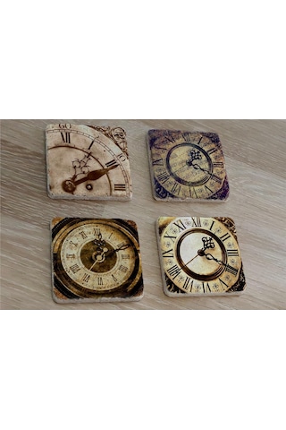 Roma Rakamlı Saatler Doğal Taş Bardak Altlığı 4'lü Set - Natural Stone Coasters - Taş Çok Renkli