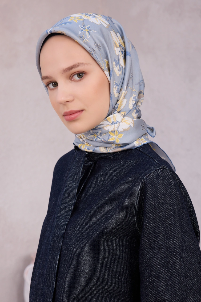 BELLİ Çiçek Desen İpek Twill Eşarp 4210d01 İndigo