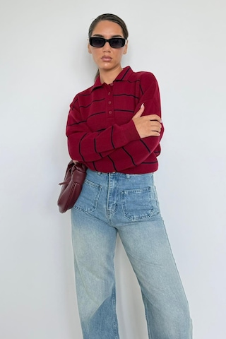 Madmext Bordo Çizgili Polo Yaka Kadın Triko Kazak Mg2470 Bordo