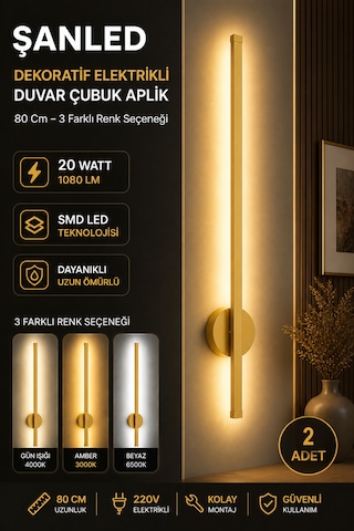Dekoratif 20w İç Mekan Gold Kasa 3 Renkli Işık Elektrikli 80 Cm Duvar Aplik 2 Adet