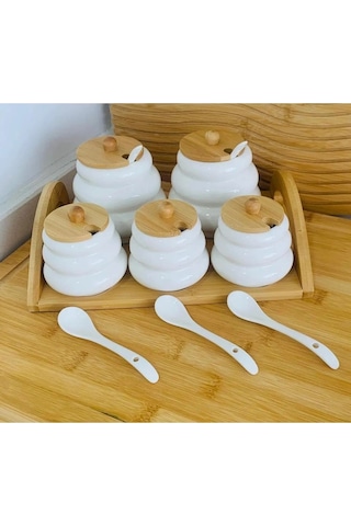 Qerhome Bambu Standlı Porselen 5'li Baharatlık Cmr ŞEffaf