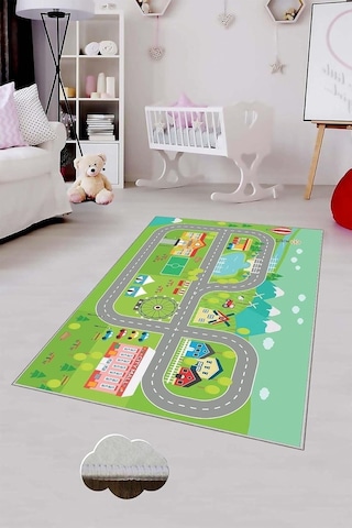 Pelangi Yeşil Araba Yollu Yıkanabilir Kaymaz Taban Leke Tutmazbebek Ve Çocuk Odası Halısı, Yeşil 120 X 160, 90135 Çok Renkli
