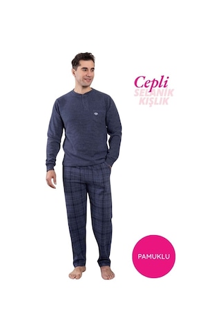 Erkek 3 Düğme Göğüs Cepli Kışlık Pamuklu Selanik Kumaş Uzun Manşetli Kol Cepli Pijama Takımı İndigo