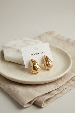 316l Çelik Gold Renk Taşlı Damla Model Küpe Açık Gold