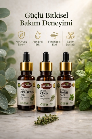Safvital Okaliptus Yağı Kekik Yağı Nane Yağı Seti 3x20 Ml Aromaterapi Cilt Saç Bakım Çok Amaçlı Kullanım 60 ML