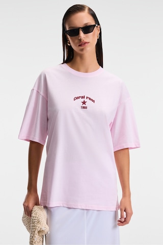Ethıquet TAVENA Kadın %100 Pamuk Baskılı Oversize Fit Kısa Kollu Yuvarlak Yaka Pembe T-Shirt