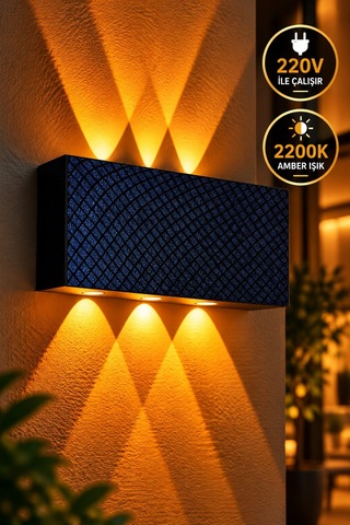 Siyah Mavi Desenli 12w 2200k Amber Işıklı 3 Gözlü Yukarı Aşağı Dekoratif Duvar Apliği 16 Cm Amber Işık