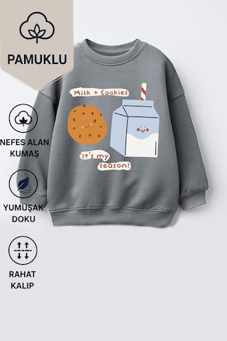 Monila Kız Çocuk 3 İplik Kumaş Pamuklu Baskılı Sweatshirt Antrasit