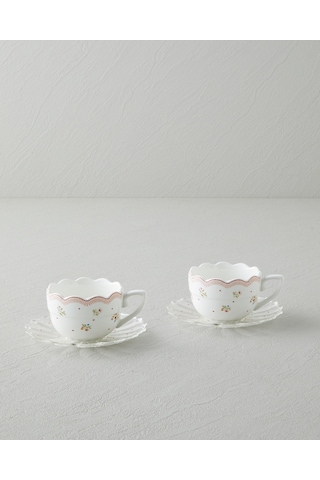 English Home Daisy Days New Bone China 4 Parça 2 Kişilik Cam Tabaklı Kahve Fincan Takımı 80 Ml Pembe - Yeşil