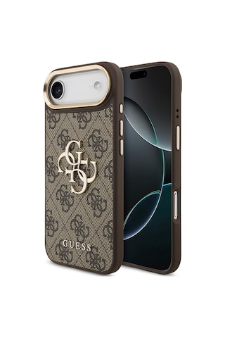 Apple Uyumlu iPhone 17 Air Kılıf Guess Lisanslı Gold Metal Kamera Çerçeve Büyük 4g Yazı Logolu Kapak Kahverengi Kahverengi
