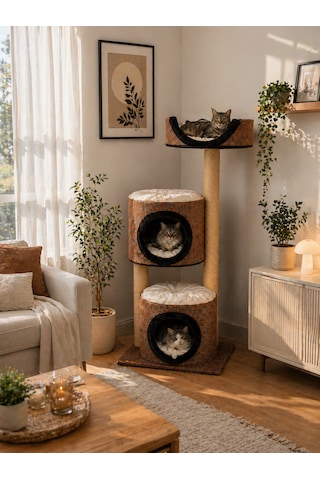 Terra Çok Katlı Kedi Evi Tırmalama Direkli Modern Kedi Yuvası