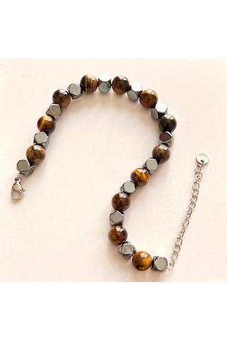 Glamglamour Hematit&kaplangözü Çelik Mixli Şık Erkek Bileklik 20-25cm Uyumlu Kahverengi