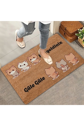 Valerine Life Üçlü Sevimli Yavru Kediler Hoş Geldiniz Ve Güle Güle Kapı Önü Paspası 45x70cm