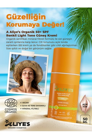 A Aliye's Mineral Filtreli Spf 50+ Renkli Organik Güneş Kremi Açık Ton 50 ML