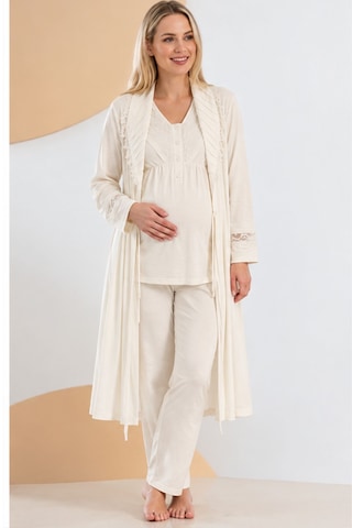 Bone Club 6305 Uzun Kol 3 Lü Sabahlıklı Lohusa Hamile Pijama Takımı Krem