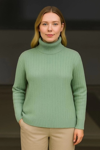 Balıkcı Yaka Bağazlı Triko Kazak Pamuklu Kalın Fitilli Dokuma - Mint Yeşili Yeşil