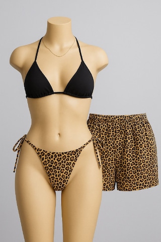 Epilons Zenvial Kadın 3'lü Set Siyah Ve Leopar Desenli Şortlu Yandan Bağlamalı Bikini Mayo Takımı Zenviall2 Çok Renkli