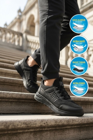 Walkway Siyah Fileli Hafif Esnek Lastik Bağcıklı Erkek Spor Ayakkabı Motano M Siyah