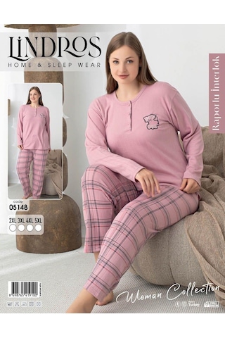 Lindros Kadın Pamuk'lu Düğme Yaka Raporlu İnterlok Kışlık Battal Pijama Takımı 05148 - 1 Adet Pudra