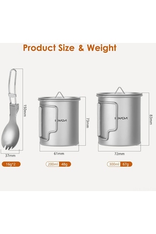 Fortunelane 300ml + 200ml Titanyum Bardak Çatal Kaşık Setli Katlanır Titan, Gümüş Renk Gümüş