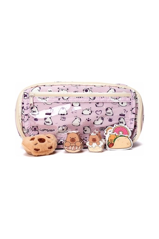 Capybara Desenli Çok Bölmeli Kalemlik - Peluş Bir Broş - 5 Stickers -2 Klips Hediye Lila