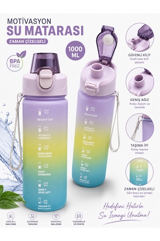 Motivasyon Su Matarası 1100 Ml Zaman Çizelgeli Sızdırmaz Kilitli Taşıma İpli Spor Matara Mor
