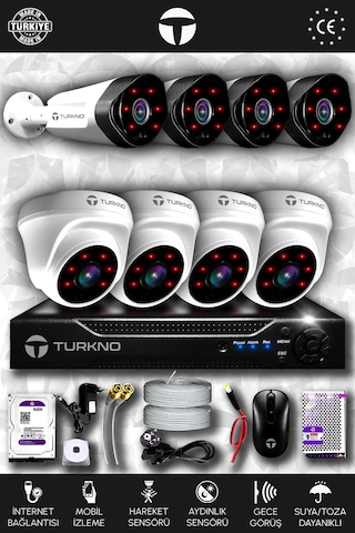 Turkno 8 Kameralı Galia 4 İç Kamera Set 250 GB HDD Full HD Gece Görüşlü Güvenlik Kamerası Sistemi