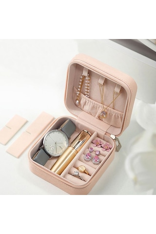 Chavin Pembe Deri Seyahat Yüzük Küpe Kolye Takı Kutusu st1-64pm Pembe