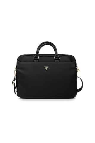 Guess 15-16 İnç Laptop Çantası Naylon Kumaş Metal Üçgen Logolu Omuz Askılı Siyah