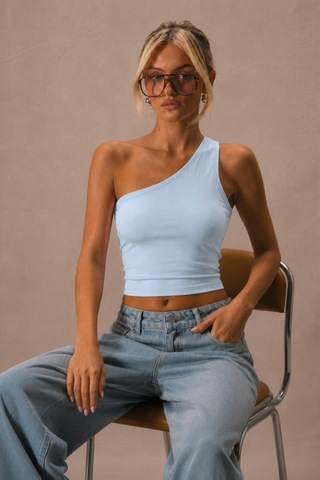 Tarz Cool Kadın Tek Omuz Crop Atlet Esnek Slim Fit Süprem Kumaş Asimetrik Yaka Bluz Mavi