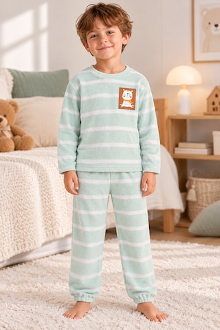 Luess Erkek Çocuk %100 Pamuk Havlu Pijama Takımı Ayıcık Baskılı Uzun Kollu Mint Yeşili Örme