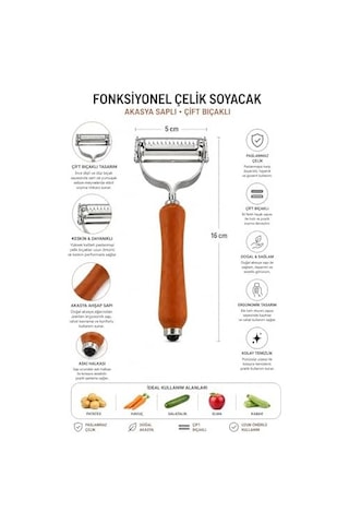 Çift Bıçaklı Ahşap Saplı Soyacak - Çift Bıçaklı Ahşap Saplı Sebze Ve Meyve Soyacak Paslanmaz Çelik Ultra Keskin Tırtıklı & Düz Bıçaklı, Ergonomik Kaymaz Sap, Patates Havuç Kabak Elma