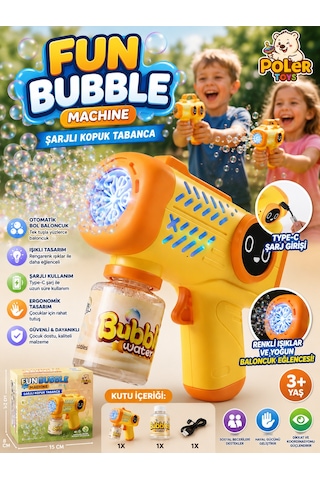 Şarjlı Baloncuk Tabancası Işıklı Otomatik Köpük Balon Makinesi Bubble Gun Sarı