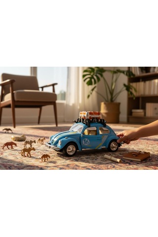 Klasik Işıklı Sesli Metal Araba - Mavi Valizli Retro Beetle - 15 Cm Çok Renkli