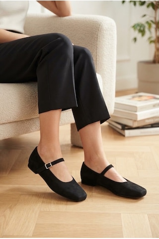 Shoetek Argus Kadın Babet Dolgu Topuklu Bantlı Tokalı Siyah Süet