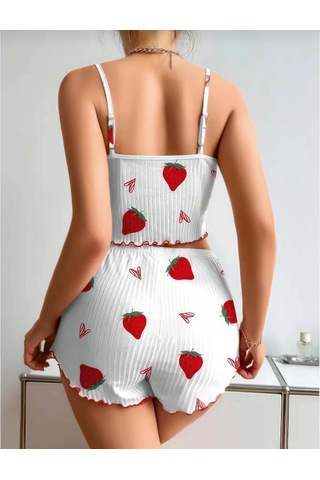 La Vıor Kadın Çilek Desenli Pijama Takımı Beyaz