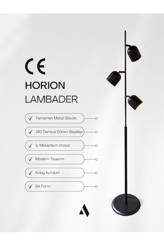 Horion Siyah Metal Lambader 3 Başlıklı, Ayarlanabilir Modern Lambader Ev Ve Ofis İçin Dekoratif Aydınlatma Gold Siyah