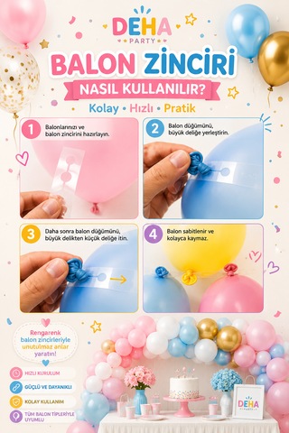 Cinsiyet Partisi Balon Zinciri Süsleme Seti 30 Mavi Balon, 30 Pembe Balon, Balon Yapıştırma + Zincir Mavi - Pembe
