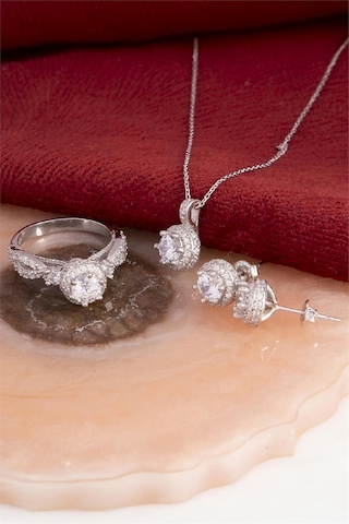 925 Ayar Gümüş Rodyumlu Full Zirkon Taşlı Yuvarlak Bayan Takı Seti -8237 Gümüş