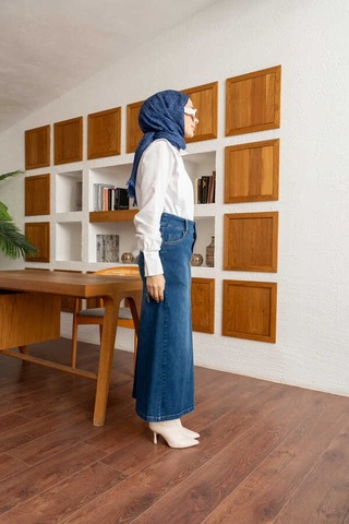 Neways 2254-denim Klasik Etek Koyu Mavi Koyu Mavi